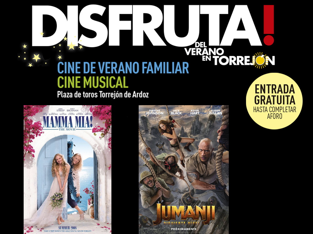 Con la película “Mamma Mia!” continúa este viernes, 8 de julio, a las 22:30 horas, el novedoso Cine Musical, Canta con nosotros y el sábado 9, “Jumanji, siguiente nivel”, en el tradicional Cine de Verano familiar 
