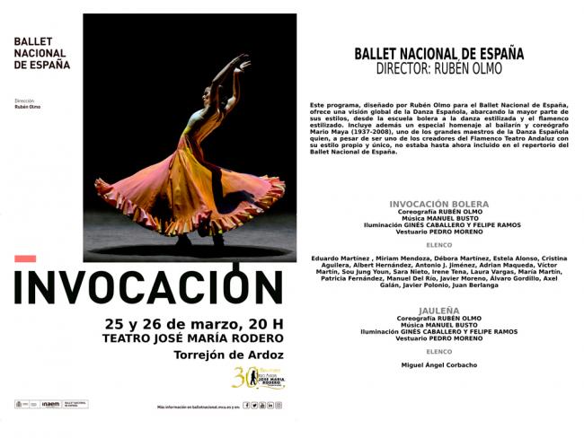 El Ballet Nacional de España, con su espectáculo “Invocación”, y la obra “La coartada” ponen el broche de oro este fin de semana a la programación del primer trimestre del año en el Teatro Municipal José María Rodero